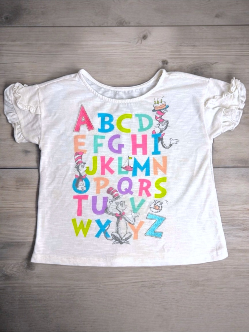 Dr Suess Toddler Girl 4T Cat in the Hat Alphabet Shirt with Ruffle Sleeves